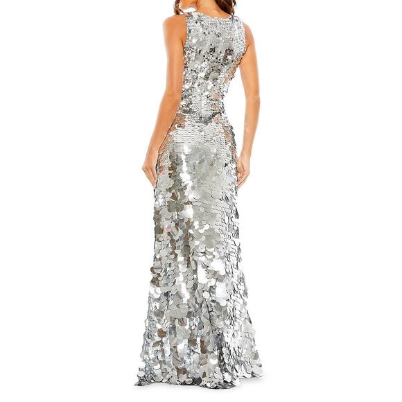 Mac Duggal Embellished Disc Sequin Sleeveless Gown Dress Silver Size 10 NWT - Picture 2 of 12